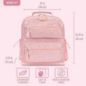 Bentgo Kids Glitter Backpack - Lightweight 14” Backpack for School, Travel & Daycare, Ideal for Ages 4+, Durable & Water-Resistant, Roomy Interior, & Loop for Lunch Bag (Glitter Edition - Petal Pink)