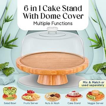 Homeries 6-in-1 Bamboo Cake Stand with Lid for Versatile Serving