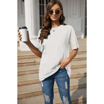 Fisoew Womens Oversized T Shirts Tees Half Sleeve Crew Neck Cotton Tunic Tops