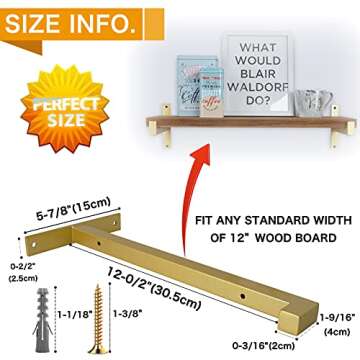 EZYDECOR Heavy Duty Shelf Brackets Gold Metal Shelf Brackets Wall Mounted Rustic Floating Shelf Brac...