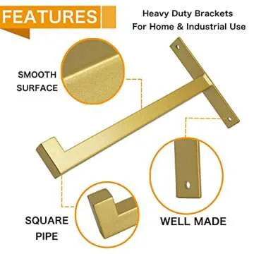 EZYDECOR Heavy Duty Shelf Brackets Gold Metal Shelf Brackets Wall Mounted Rustic Floating Shelf Bracket with Lip (Gold) 12"