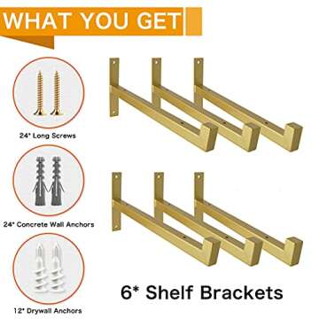 EZYDECOR Heavy Duty Shelf Brackets Gold Metal Shelf Brackets Wall Mounted Rustic Floating Shelf Bracket with Lip (Gold) 12"