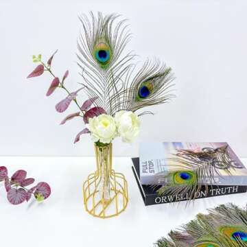 Piokio 50 pcs Peacock Feathers in Bulk 10-12 inch(25-30 cm) Bulk for DIY Craft, Wedding, Mardi Gras Decoration