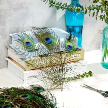 Piokio 50 pcs Peacock Feathers in Bulk 10-12 inch(25-30 cm) Bulk for DIY Craft, Wedding, Mardi Gras Decoration