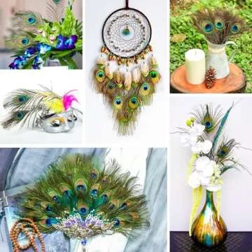 Piokio 50 pcs Peacock Feathers in Bulk 10-12 inch(25-30 cm) Bulk for DIY Craft, Wedding, Mardi Gras Decoration