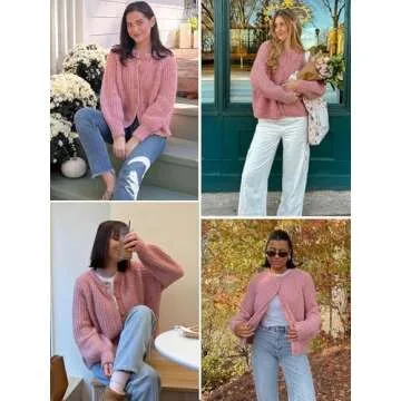 YKR Womens Fall Cardigan Sweater Long Sleeve Chunky Knit Open Front Button Loose Casual Cardigan Coat Pink S