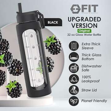 FIT Strong & Healthy 32 oz Glass Water Bottle with Time Marker & Silicone Sleeve - w/Handle & 2 Leak...