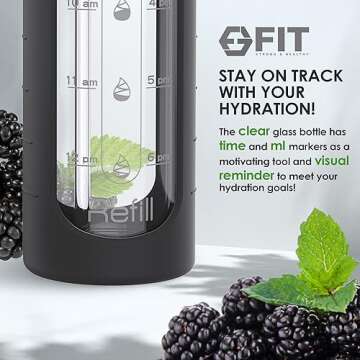 FIT Strong & Healthy 32 oz Glass Water Bottle with Time Marker & Silicone Sleeve - w/Handle & 2 Leakproof Lids Straw & Spout Lid, Wide Mouth, BPA Free 1 Liter Motivational Drinking Bottle, Black