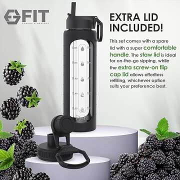 FIT Strong & Healthy 32 oz Glass Water Bottle with Time Marker & Silicone Sleeve - w/Handle & 2 Leakproof Lids Straw & Spout Lid, Wide Mouth, BPA Free 1 Liter Motivational Drinking Bottle, Black