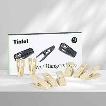 Tinfol Velvet Hangers Clips, 24 Pack Beige Pants Velvet Clips, Large Opening Clip Clothes Hanger Clip, Strong Finger Flocked Clips Perfect for Use with Slim-line Clothes Velvet Hangers
