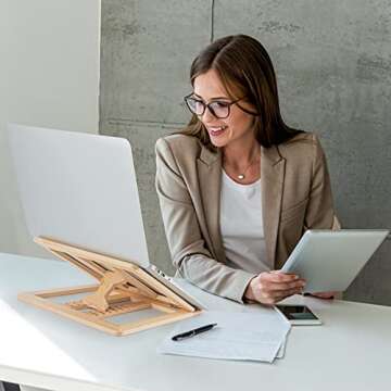 Skoioje Wooden Laptop Stand for Desk with Free Phone Holder, Foldable and Adjustable Ergonomic Laptop Riser for 10-15.6 Inch Notebooks, Portable MacBook Stand (Natural Wood, Universal Fit)