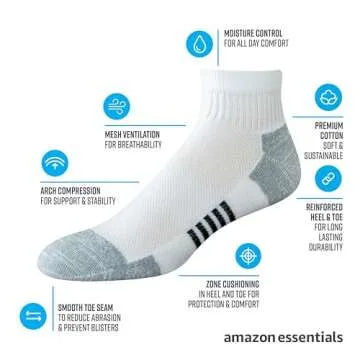 Amazon Essentials Men's Performance Comfortable Cotton Cushioned Breathable Athletic Ankle Sports Socks, 6 Pairs, Grey/White, 6-12