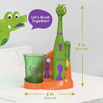 Brusheez Kids’ Electric Toothbrush Set - Safe & Effective for Ages 3+ - Parent Tested & Approved with Gentle Bristles, 2 Brush Heads, Rinse Cup, 2-Minute Timer, & Storage Base (Snappy The Croc)