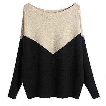 GABERLY Boat Neck Batwing Sleeve Oversized Sweater - Versatile Knitted Top for Women (Black+Khaki, O...