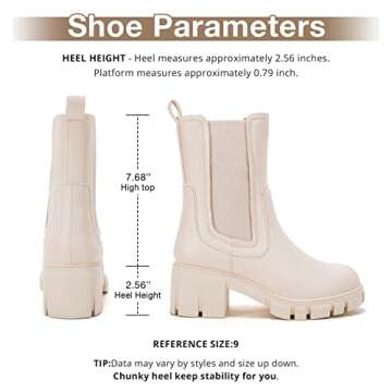 TINSTREE Women Mid Calf Boots Low Heel, Women's Lug Sole Platform Boots Mid Calf Elastic Chunky Block Heel Leather Chelsea Booties White,08