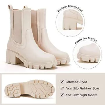 TINSTREE Women Mid Calf Boots Low Heel, Women's Lug Sole Platform Boots Mid Calf Elastic Chunky Block Heel Leather Chelsea Booties White,08