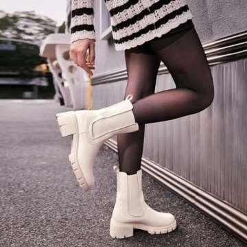 TINSTREE Women Mid Calf Boots Low Heel, Women's Lug Sole Platform Boots Mid Calf Elastic Chunky Block Heel Leather Chelsea Booties White,08