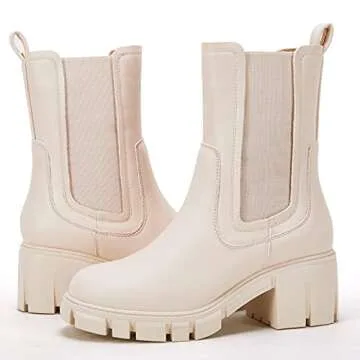 TINSTREE Women Mid Calf Boots Low Heel, Women's Lug Sole Platform Boots Mid Calf Elastic Chunky Block Heel Leather Chelsea Booties White,08