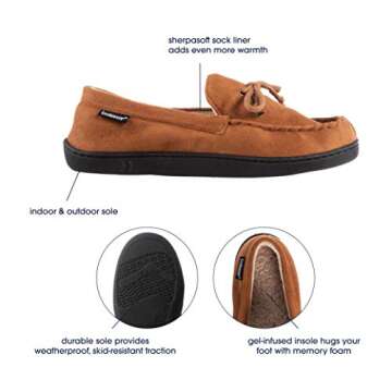 isotoner Men's Slippers, Microsuede Moccasin Indoor/Outdoor House Shoes with Cooling Memory Foam and Skid Resistance