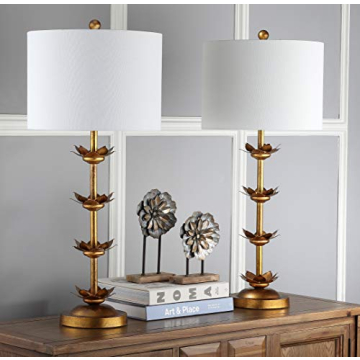 SAFAVIEH Lighting Collection Lani Antique Gold Leaf 32-inch Bedroom Living Room Home Office Desk Nightstand Table Lamp Set of 2 (LED Bulbs Included)