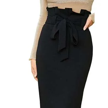 Verdusa Women's Elegant Paperbag Waist Split Back Belted Bodycon Pencil Skirt Black XS