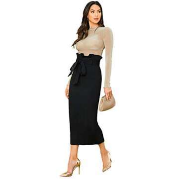 Verdusa Women's Elegant Paperbag Waist Split Back Belted Bodycon Pencil Skirt Black XS