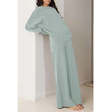 Pink Queen Travel Sets For Women Clothes 2 Piece Outfits Sweater Ribbed Knit Pullover Tops Wide Leg Pants Pjs Celadon S