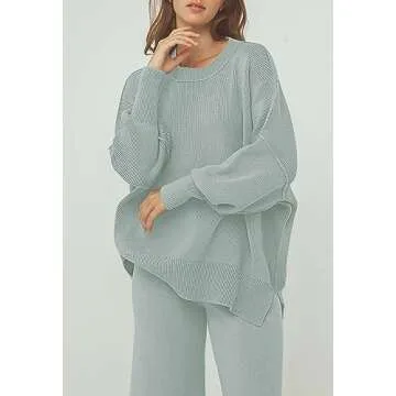 Pink Queen Travel Sets For Women Clothes 2 Piece Outfits Sweater Ribbed Knit Pullover Tops Wide Leg Pants Pjs Celadon S