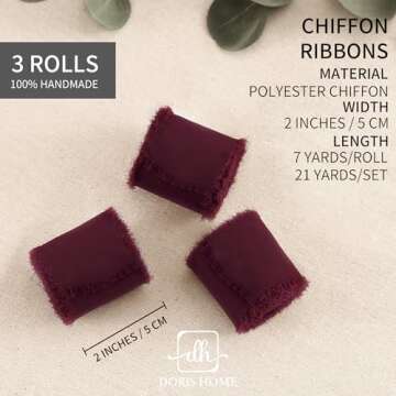 DORIS HOME Burgundy Chiffon Ribbon for Flower Bouquet, 2" x21Yd Fabric Ribbon for Gift Wrapping, Han...