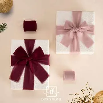 DORIS HOME Burgundy Chiffon Ribbon for Flower Bouquet, 2" x21Yd Fabric Ribbon for Gift Wrapping, Handmade Frayed Ribbon for Wedding, Chiffon Silk Ribbon for Christmas Decorations