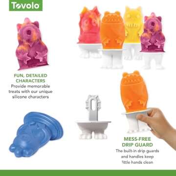 Tovolo Silicone Popsicle Molds with Sticks (Monster) - Ice Pop Molds with 4 Cavities for Homemade Flavored Ice Pops & Frozen Snacks - Popsicle Maker with Drip-Guards, Dishwasher Safe & BPA-Free