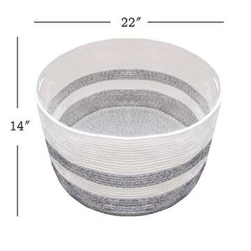 Numyton Extra Large Laundry Basket - Large Storage Basket for Blanket - 22" x22"x 14" - Woven Cotton Rope Basket - for Blankets, Toys, Towels, Clothes - White and Grey