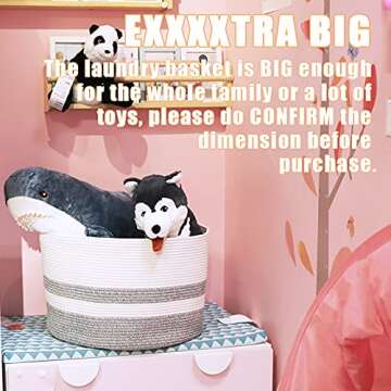 Numyton Extra Large Laundry Basket - Large Storage Basket for Blanket - 22" x22"x 14" - Woven Cotton Rope Basket - for Blankets, Toys, Towels, Clothes - White and Grey