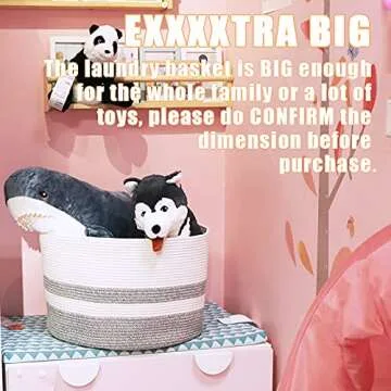 Numyton Extra Large Laundry Basket - Large Storage Basket for Blanket - 22" x22"x 14" - Woven Cotton Rope Basket - for Blankets, Toys, Towels, Clothes - White and Grey