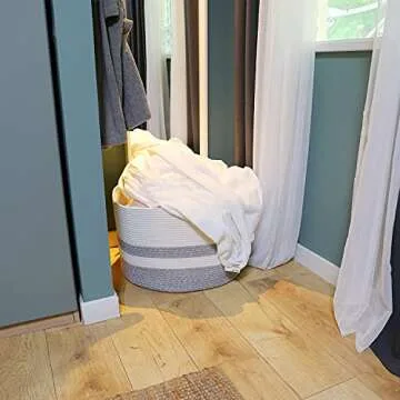 Numyton Extra Large Laundry Basket - Large Storage Basket for Blanket - 22" x22"x 14" - Woven Cotton Rope Basket - for Blankets, Toys, Towels, Clothes - White and Grey