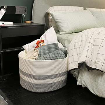 Numyton Extra Large Laundry Basket - Large Storage Basket for Blanket - 22" x22"x 14" - Woven Cotton Rope Basket - for Blankets, Toys, Towels, Clothes - White and Grey