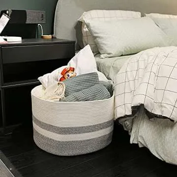 Numyton Extra Large Laundry Basket - Large Storage Basket for Blanket - 22" x22"x 14" - Woven Cotton Rope Basket - for Blankets, Toys, Towels, Clothes - White and Grey