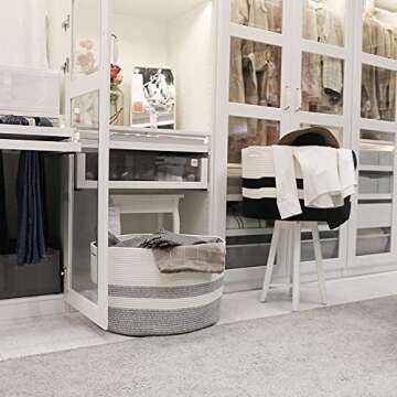 Numyton Extra Large Laundry Basket - Large Storage Basket for Blanket - 22" x22"x 14" - Woven Cotton Rope Basket - for Blankets, Toys, Towels, Clothes - White and Grey