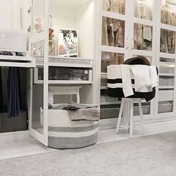 Numyton Extra Large Laundry Basket - Large Storage Basket for Blanket - 22" x22"x 14" - Woven Cotton Rope Basket - for Blankets, Toys, Towels, Clothes - White and Grey