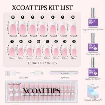 BTArtboxnails XCOATTIPS French Tip Nails - Long Square Nail Tips with Nail Gel, French Protecing Duo, Nail Lamp, All in One Soft Gel French Tip Press on Nails Gel Extension Valentines Day Gifts