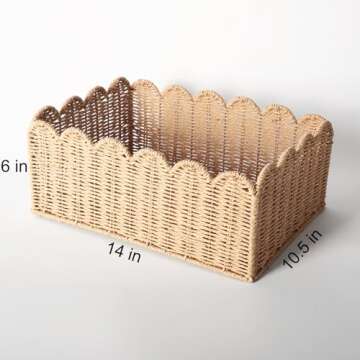 Scalloped Edge Basket, Wicker Storage Baskets, Hand Woven Baskets for Shelves,Natural Baskets for Organizing (M-14" L x 10.5" W x 6" H)