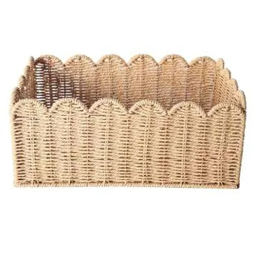 Scalloped Edge Basket, Wicker Storage Baskets, Hand Woven Baskets for Shelves,Natural Baskets for Organizing (M-14" L x 10.5" W x 6" H)