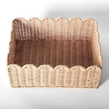 Scalloped Edge Basket, Wicker Storage Baskets, Hand Woven Baskets for Shelves,Natural Baskets for Organizing (M-14" L x 10.5" W x 6" H)