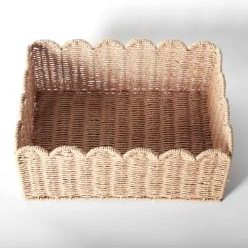 Scalloped Edge Basket, Wicker Storage Baskets, Hand Woven Baskets for Shelves,Natural Baskets for Organizing (M-14" L x 10.5" W x 6" H)