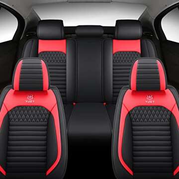 YJZT03 Leather Car Seat Covers Full Set, 5 Seats Universal Leather Cushions for Cars, Front and Rear Seat Protectors, Auto Seat Covers Fit for Most Vehicle Type（Black Red）