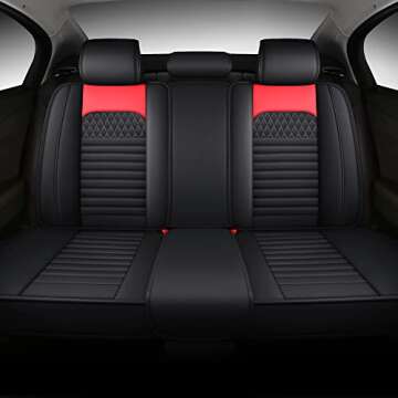 YJZT03 Leather Car Seat Covers Full Set, 5 Seats Universal Leather Cushions for Cars, Front and Rear Seat Protectors, Auto Seat Covers Fit for Most Vehicle Type（Black Red）