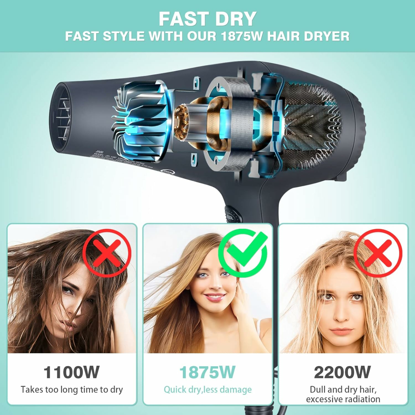 Professional 1875W Tourmaline Hair Dryer - Ionic Effect