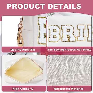 Burskit Makeup Bag BRIDE Gifts Travel Organizer Bag Varsity Letter Cosmetic Toiletry Bag Letter Patches White Makeup PU Bag Bride Clutch Purse Waterproof Portable Zipper Wedding Bridesmaid Gift