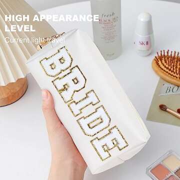 Burskit Makeup Bag BRIDE Gifts Travel Organizer Bag Varsity Letter Cosmetic Toiletry Bag Letter Patches White Makeup PU Bag Bride Clutch Purse Waterproof Portable Zipper Wedding Bridesmaid Gift