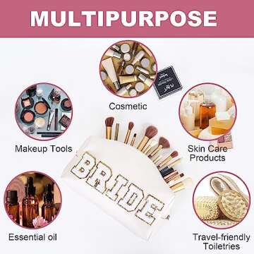 Burskit Makeup Bag BRIDE Gifts Travel Organizer Bag Varsity Letter Cosmetic Toiletry Bag Letter Patches White Makeup PU Bag Bride Clutch Purse Waterproof Portable Zipper Wedding Bridesmaid Gift